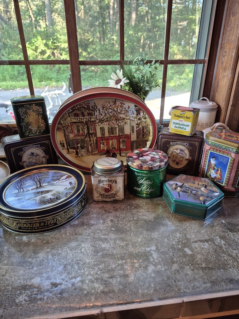 10pc. Vintage Tins Currier Ives, England, Hersheys, Misc Bundle